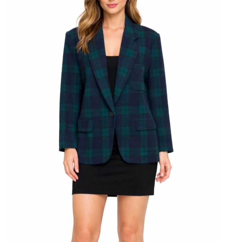 Vintage 80s Donnybrook Navy Green Tartan Plaid Wool Oversized Blazer Size 8